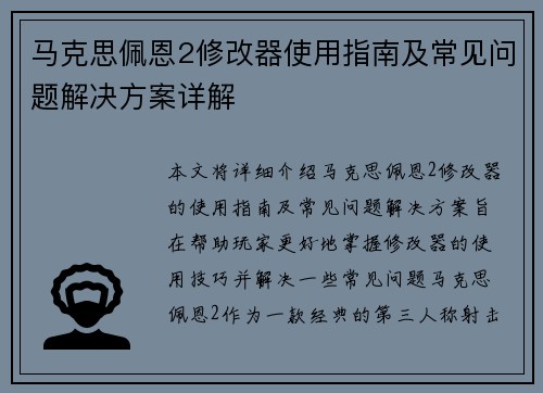 马克思佩恩2修改器使用指南及常见问题解决方案详解